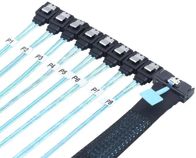 Alt view image 2 of 6 - MCIO PCIe SAS SFF-8654 8i to 8X SATA 7P Female Straight Cable \u2013 High Speed Server Hard Drive Converter Cable, 32AWG, 85 Ohm (0.5M)