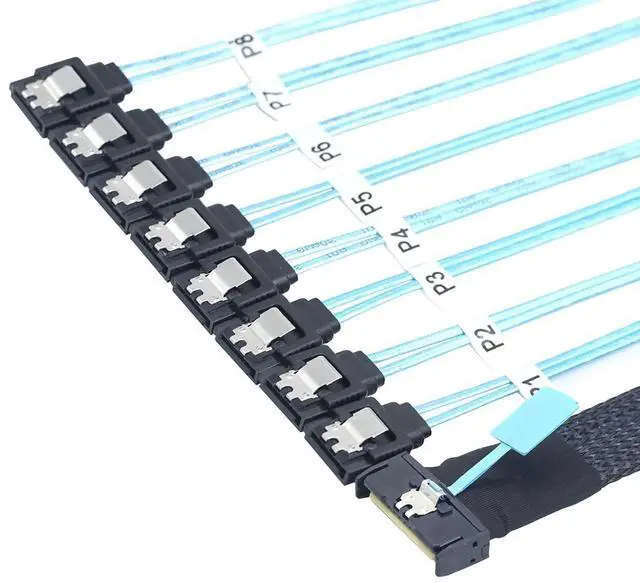 Alt view image 6 of 6 - MCIO PCIe SAS SFF-8654 8i to 8X SATA 7P Female Straight Cable \u2013 High Speed Server Hard Drive Converter Cable, 32AWG, 85 Ohm (0.5M)