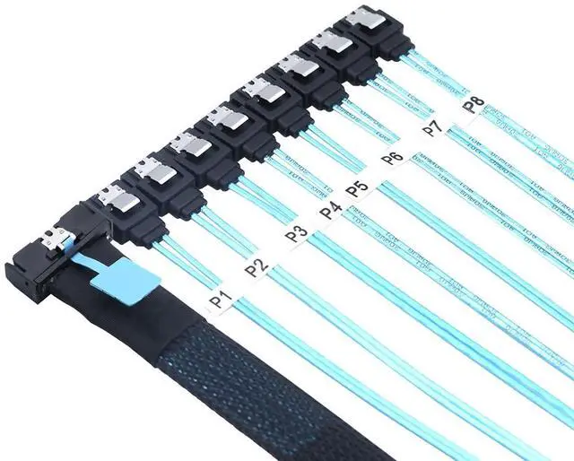 Alt view image 3 of 6 - MCIO PCIe SAS SFF-8654 8i to 8X SATA 7P Female Straight Cable \u2013 High Speed Server Hard Drive Converter Cable, 32AWG, 85 Ohm (0.5M)