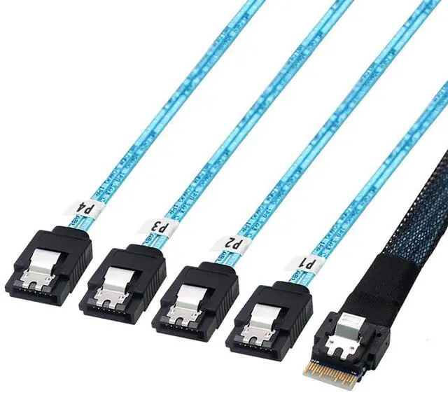 Main image of Slimline SAS SFF-8654 4i 38P to 4X SATA Server Cable  30AWG 10 Ohm High-Speed Internal Flat-to-Flat Connection Cable, Black, 0.5m / 1.0m (1M)