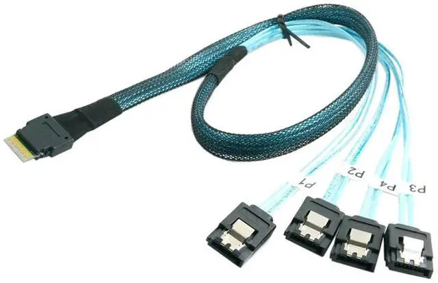 Alt view image 2 of 6 - Slimline SAS SFF-8654 4i 38P to 4X SATA Server Cable  30AWG 10 Ohm High-Speed Internal Flat-to-Flat Connection Cable, Black, 0.5m / 1.0m (1M)