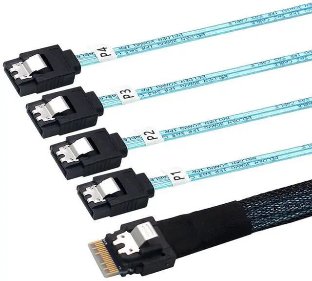 Alt view image 4 of 6 - Slimline SAS SFF-8654 4i 38P to 4X SATA Server Cable  30AWG 10 Ohm High-Speed Internal Flat-to-Flat Connection Cable, Black, 0.5m / 1.0m (1M)