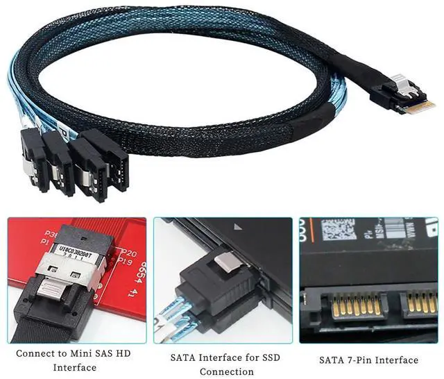 Alt view image 6 of 6 - Slimline SAS SFF-8654 4i 38P to 4X SATA Server Cable  30AWG 10 Ohm High-Speed Internal Flat-to-Flat Connection Cable, Black, 0.5m / 1.0m (1M)