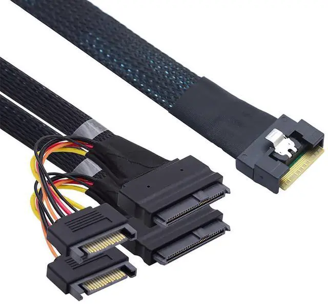 Alt view image 3 of 6 - Slimline SFF-8654 8i to Dual SFF-8639 U.2 + 15-Pin Cable  24Gbps High-Speed Server Interconnect, 85 Ohm Copper Wire (0.5m)