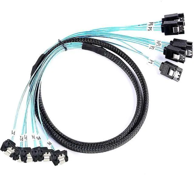 Main image of 6X SATA 7-Pin Straight to 6X SATA 90° Right Angle Cable  12Gbps High-Speed SSD/HDD Data Cable with Locking Latch, 30AWG Copper Wire (1m)