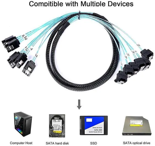 Alt view image 2 of 5 - 6X SATA 7-Pin Straight to 6X SATA 90° Right Angle Cable  12Gbps High-Speed SSD/HDD Data Cable with Locking Latch, 30AWG Copper Wire (1m)