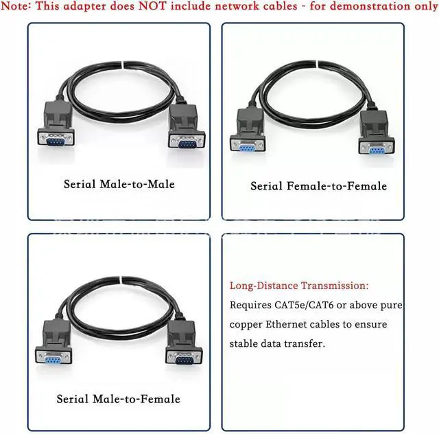 Alt view image 6 of 6 - DB9 to RJ45 Serial Converter RS232 Male/Female to RJ45 Ethernet Port Adapter, Supports Long Distance Transmission up to 20m via CAT5/CAT6 Cable, Plug and Play (2Pcs Male+Female)