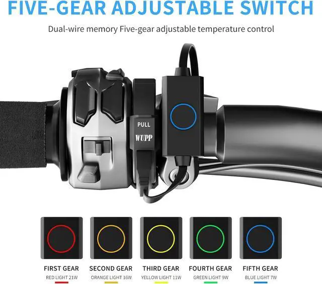 Alt view image 7 of 7 - USB-C Heated Motorcycle Handlebar Grips Double-Pole Switch with 5 Temperature Levels and Memory  Aramid Fiber Heated Pads with PD Fast Charging, Waterproof Switch, Mount