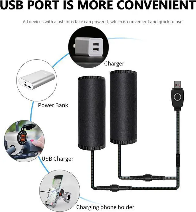 Alt view image 5 of 7 - USB Heated Motorcycle Handlebar Grips 5V with 3-Level Temperature Control Anti-Slip PVC Hand Warmers with Waterproof Switch, Straps, Plug-and-Play for Motorbikes, Scooters, and ATVs