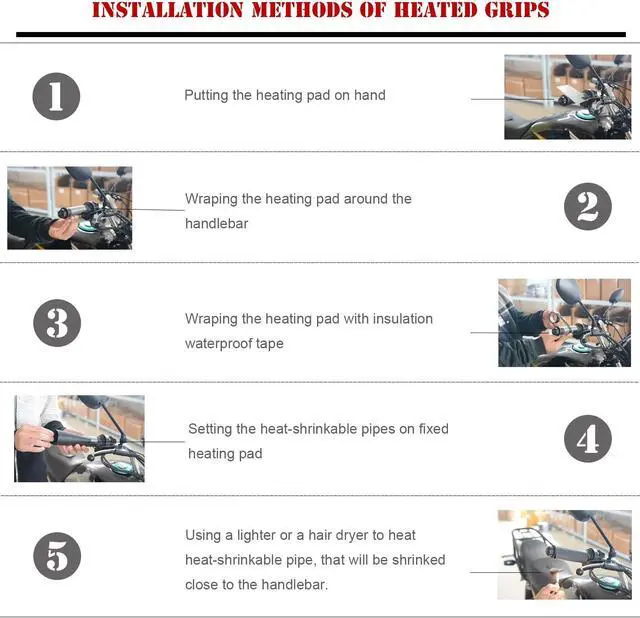 Alt view image 5 of 7 - Heated Motorcycle Handlebar Grips 12V Adjustable Temperature  Fast Heating PET Metal Film Hand Warmers for All 12V Motorbikes, Waterproof Switch, Easy Installation