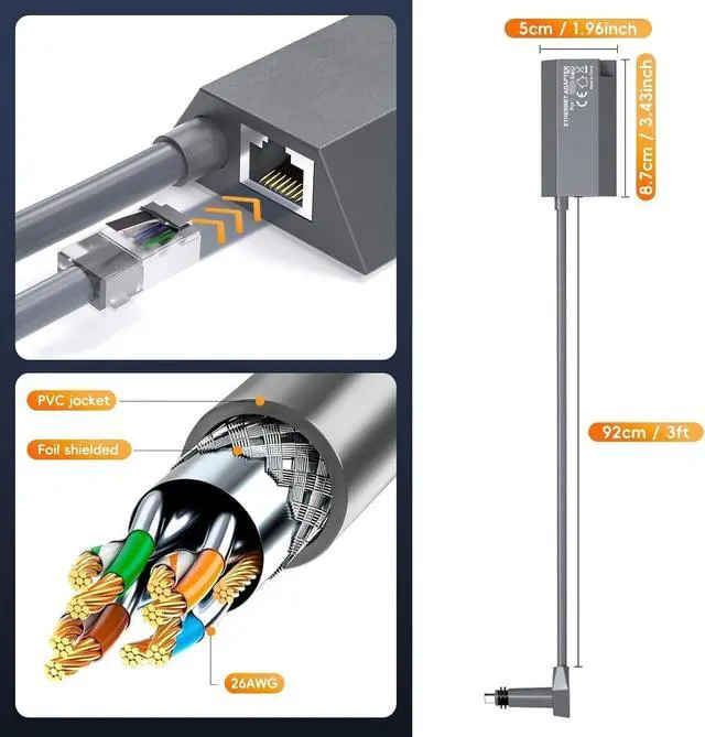 Alt view image 6 of 7 - Ethernet Adapter Gen2 Compatible with Starlink Router and Dish, Type-D Mini Plug to RJ45 GIGA-BIT LAN Adapter, 3FT Heavy-Duty, Compatible with PC, TV, Game Console, Printer, VoIP, Camera