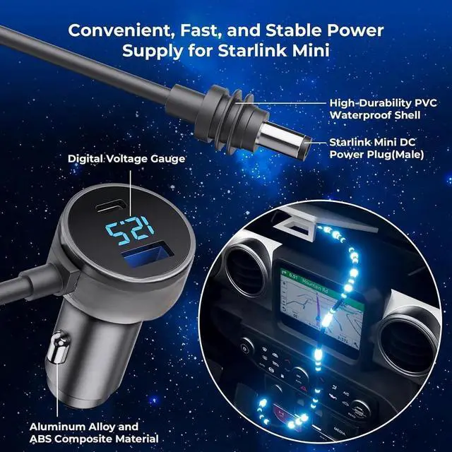 Alt view image 6 of 7 - Mini Digital Multi-Function Car Cigarette Lighter Adapter \u2013 30W USB-C & USB-A Output, Compatible with Starlink Mini (78.74 in)
