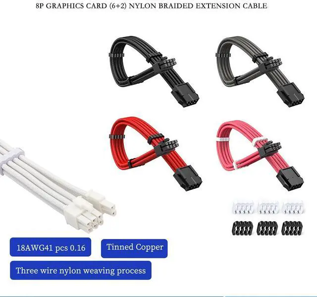 Alt view image 2 of 7 - GPU 8Pin (6+2) Extension Cable 30cm Male to Female, 18AWG Tinned Copper, Color Nylon Braided, ATX PSU Power Cord for Graphics Cards (Pink)