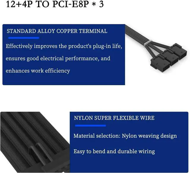 Alt view image 6 of 7 - PCIe 5.0 12+4Pin to 3× PCIe 8Pin GPU Power Cable, Nylon Braided Extension Cord, 18AWG, 340mm/13.38in, Compatible with RTX 3090Ti & RTX 40 Series Graphics Cards (All White)