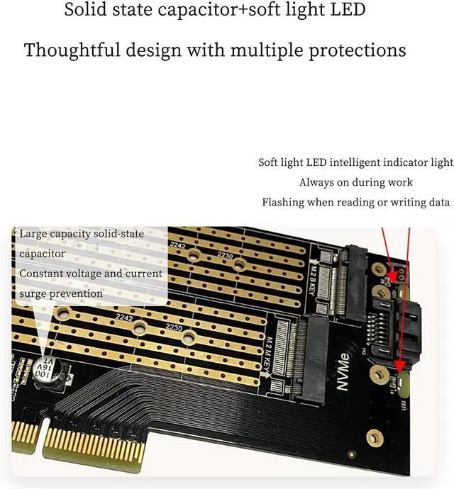 Alt view image 6 of 7 - PCIe 3.0 to M.2 NVMe/NGFF SSD Adapter Card  High-Speed Expansion for Desktop PCs, Supports M Key/B Key/B&M Key, 2230 to 22110 Size Compatibility (Dual Slot NVME+NGFF)