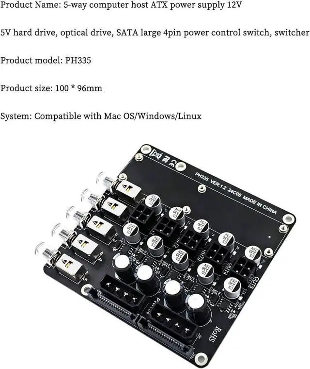 Alt view image 3 of 7 - PH335 5-Way Hard Disk Control Board Computer Host ATX Power 12V 5V Switcher SATA Large 4Pin Power Control Switch