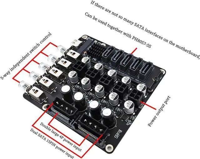 Alt view image 5 of 7 - PH335 5-Way Hard Disk Control Board Computer Host ATX Power 12V 5V Switcher SATA Large 4Pin Power Control Switch