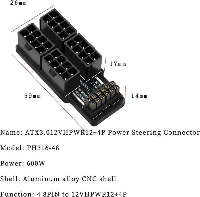 Alt view image 5 of 7 - PH316-48 4 * 8P to ATX3.0 12VH-PWR 12+4P 180 Degree Power Steering Connector 600 W for 40 Series Graphics Card, Black (A Type)