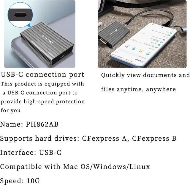 Alt view image 3 of 7 - PH862B CF Express A/B CFE Card Reader 10G USB3.2 High Speed with Aluminum Alloy Heat-Sink C to C/A Cable Compatible with Z6/Z7 1DX3 (PH862B for CFE A/B Card)