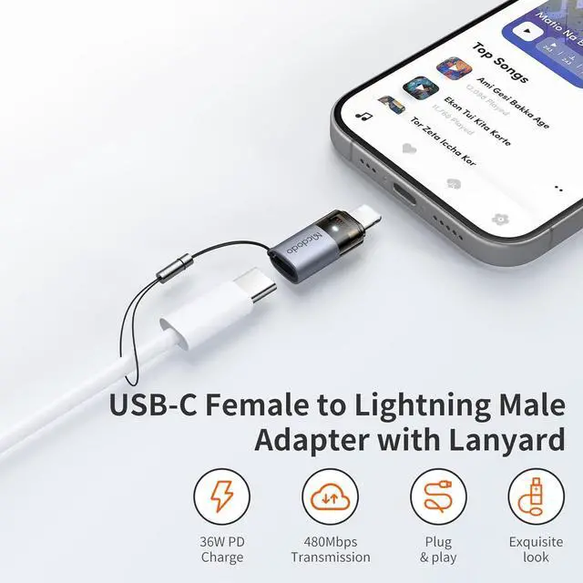 Alt view image 2 of 7 - mcdodo 36W USB-C to Lightning Adapter with Lanyard, Type-C to Lightning Adapter PD Fast Charging for iPhone/AirPods/Original MacBook, Support Charging&Data Transmission