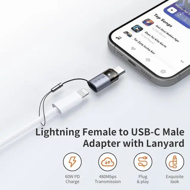 Alt view image 2 of 7 - mcdodo 60W Lightning to USB-C Adapter with Lanyard, Lightning Female to Type-C Male Adapter PD Fast Charging iPhone Charger Cable Converter for iPhone 16 15 Series, iPad,MacBook