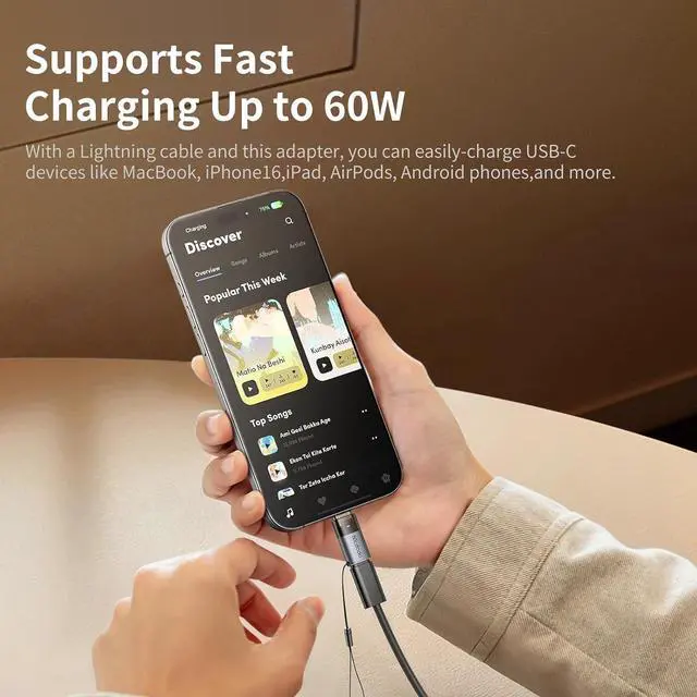 Alt view image 3 of 7 - mcdodo 60W Lightning to USB-C Adapter with Lanyard, Lightning Female to Type-C Male Adapter PD Fast Charging iPhone Charger Cable Converter for iPhone 16 15 Series, iPad,MacBook