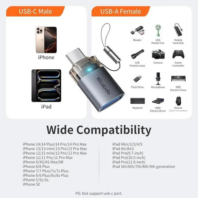 Alt view image 7 of 7 - mcdodo USB to USB C Adapter with Lanyard, USB-C Male to USB 3.0 Female OTG Adapter Fit iPhone 16 15 MacBook Pro/Air,iPad,Microsoft Surface,Galaxy S25 S24 and More Type C Devices