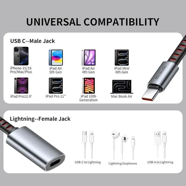 Alt view image 7 of 7 - mcdodo Lightning to USB-C Headphone Audio Adapter, with Charging/Audio/Calls/Data Transfer Funtion Type C Male to Lightning Female Headphone Converter Fit iPhone 16/15 Pro/ProMax/Plus,iPad,MacBook