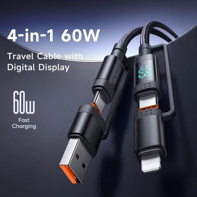 Alt view image 2 of 7 - mcdodo 4-in-1 Charging Cable with Digital Display,60W USB C Multi Charging Cable with Type-C/USB-A/Lightning Port for iPhone 16 15 14 13 iPad Galaxy MacBook and More(4FT)