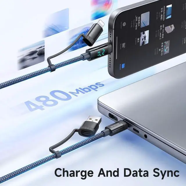 Alt view image 5 of 7 - mcdodo 4-in-1 Charging Cable with Digital Display,60W USB C Multi Charging Cable with Type-C/USB-A/Lightning Port for iPhone 16 15 14 13 iPad Galaxy MacBook and More(4FT)