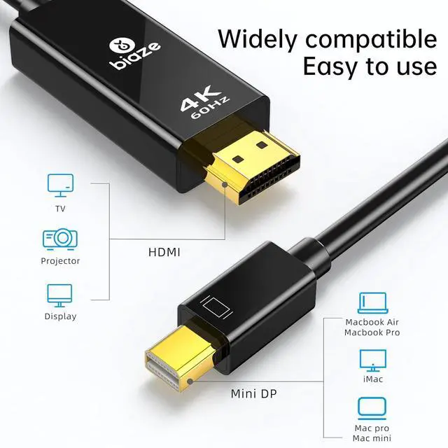 Alt view image 2 of 6 - Mini DP to HDMI Cable 6Ft, 4K@60Hz, Compatible with MacBook Pro/Air, Surface, PC, TV, Projector, Plug and Play, Supports Windows/macOS/Linux