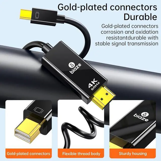 Alt view image 3 of 6 - Mini DP to HDMI Cable 6Ft, 4K@60Hz, Compatible with MacBook Pro/Air, Surface, PC, TV, Projector, Plug and Play, Supports Windows/macOS/Linux