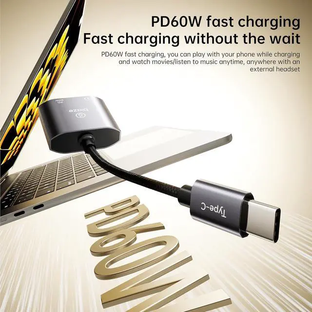 Alt view image 2 of 7 - USB\u2011C to 3.5 mm Headphone & Charger Adapter \u2013 60 W PD Fast Charging, Hi\u2011Res DAC, Call\u2011Ready, Compact Aluminium Splitter for Phone/Android/Tablet