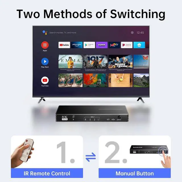 Alt view image 3 of 7 - HDMI Switch 4 in 1 Out 8K@60Hz 4K@120Hz, 4 Ports HDMI 2.1 Switcher Selector with Remote Support 48Gbps HDR 10+ Dolby Vision/Atmos HDCP 2.3 CEC for PS5/4 Xbox Apple TV Game PC Roku