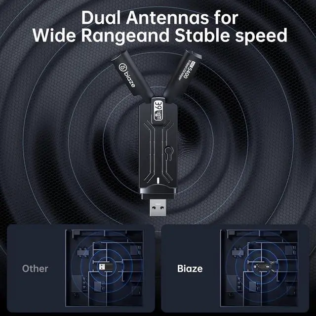 Alt view image 5 of 6 - Wireless WiFi 6E Adapter 5400Mbps USB 3.0 - Dual Band Gaming WiFi Adapter for PC & Laptop, Plug and Play WiFi 6E Network Card with External Antenna(WiFi6E 5400Mbps)