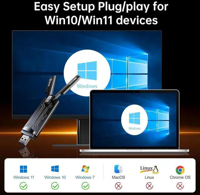 Alt view image 6 of 6 - Wireless WiFi 6E Adapter 5400Mbps USB 3.0 - Dual Band Gaming WiFi Adapter for PC & Laptop, Plug and Play WiFi 6E Network Card with External Antenna(WiFi6E 5400Mbps)