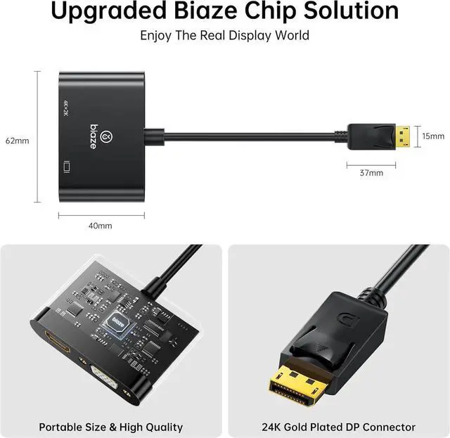 Alt view image 5 of 6 - DisplayPort to HDMI & VGA Adapter \u2013 DP 2\u2011in\u20111 4K/1080P Video Converter (DP Male to HDMI & VGA Female), Plug & Play for Laptops, Desktops, Projectors
