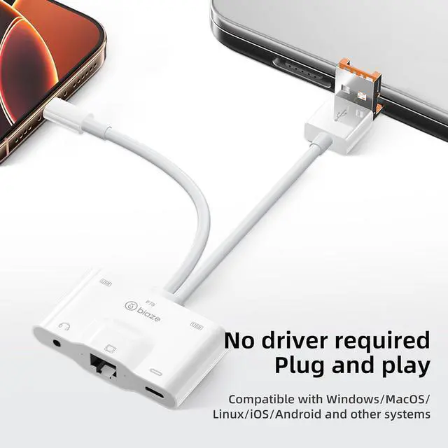 Alt view image 3 of 6 - USB to Ethernet Adapter, 5 in 1 RJ45 Ethernet LAN Network Adapter with 3.5mm Audio Port, USB C Port and USB Port Compatible with iPhone 16/15, Laptop, MacBook, PC with Windows (RJ45 5-in-1 USB hub)