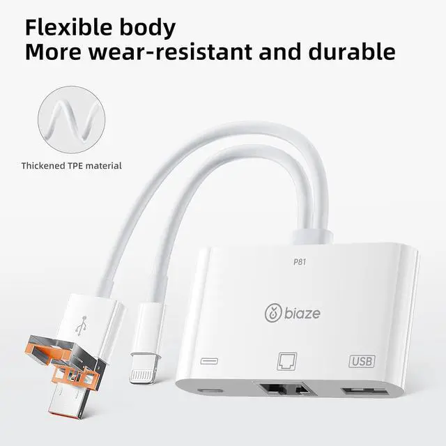 Alt view image 2 of 6 - USB to Ethernet Adapter, 3 in 1 RJ45 Ethernet LAN Network Adapter with Charging Port and USB Port Compatible with iPhone 16/15, Laptop, MacBook, PC with Windows(RJ45 3-in-1 USB HUB)