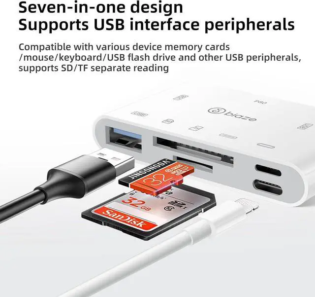 Alt view image 3 of 6 - 7-in-1 SD Card Reader for iPhone, Lightning/USB C/USB OTG Adapter, SD and MicroSD Memory Card Reader for Phone/Pad/PC/Laptop/USB C and USB A Devices Plug and Play No Application Required