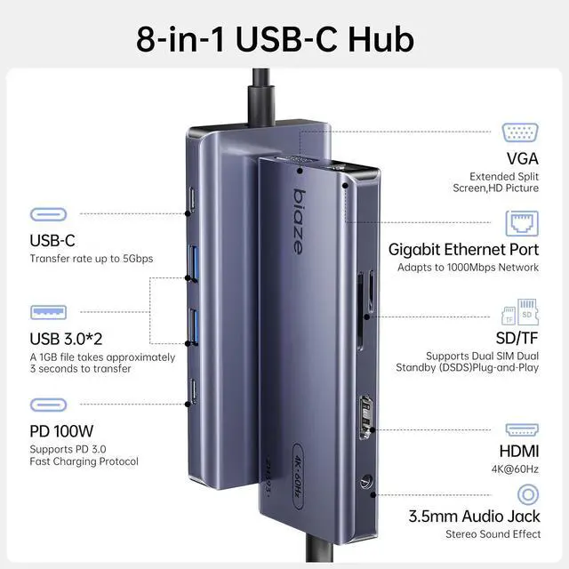 Alt view image 2 of 6 - 10-in-1 USB C Hub Multiport Adapter, 4K60Hz HDMI & VGA, 100W PD Charging, Gigabit Ethernet, USB 3.0, SD/TF Card Reader, 3.5mm Audio, for MacBook, iPad, D-ell, H-P and More Type C Laptops