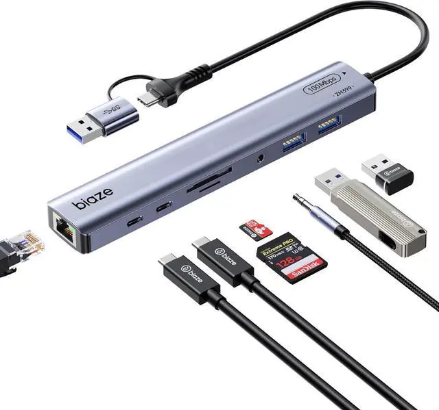 Main image of 9-in-1 USB/USB C Hub Adapter for MacBook, iPhone,3 USB Ports (2xUSB 3.0, USB 2.0), 100M Ethernet, SD/TF Card Reader, 3.5mm Audio, 2X USB-C Data Ports,No Driver Required