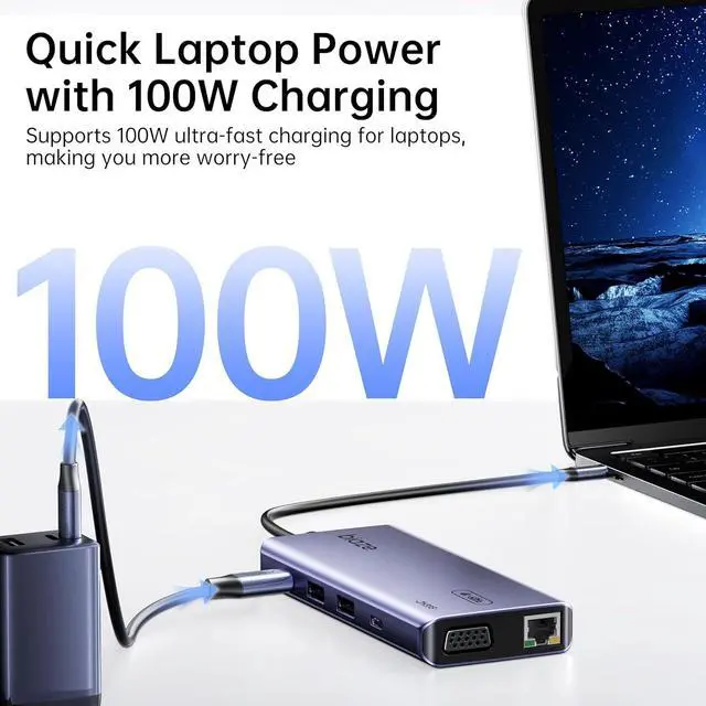Alt view image 5 of 6 - 10-in-1 USB C Hub Multiport Adapter, 4K60Hz HDMI & VGA, 100W PD Charging, Gigabit Ethernet, USB 3.0, SD/TF Card Reader, 3.5mm Audio, for MacBook, iPad, D-ell, H-P and More Type C Laptops