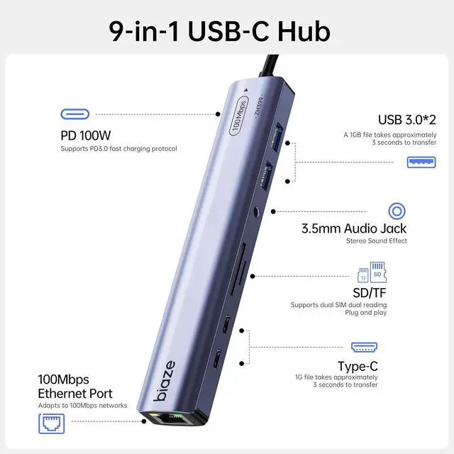 Alt view image 2 of 6 - 9-in-1 USB/USB C Hub Adapter for MacBook, iPhone,3 USB Ports (2xUSB 3.0, USB 2.0), 100M Ethernet, SD/TF Card Reader, 3.5mm Audio, 2X USB-C Data Ports,No Driver Required