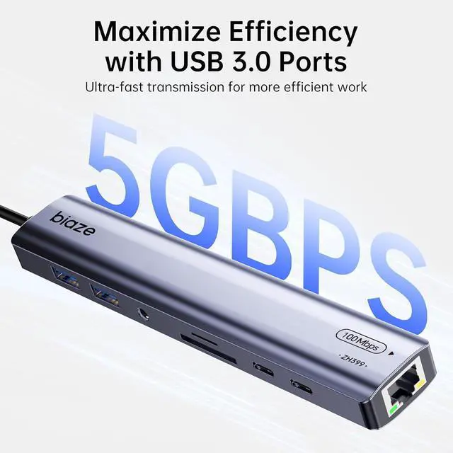 Alt view image 3 of 6 - 9-in-1 USB/USB C Hub Adapter for MacBook, iPhone,3 USB Ports (2xUSB 3.0, USB 2.0), 100M Ethernet, SD/TF Card Reader, 3.5mm Audio, 2X USB-C Data Ports,No Driver Required