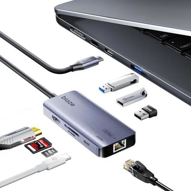 Main image of 8-in-1 USB C Hub Adapter for MacBook, 4K60Hz HDMI, 100W PD Charging, USB 3.0, USB 2.0 * 2, SD/TF Card Reader, 100M Ethernet, 7 Ports Dongle for MacBook Pro/Air, iPad Pro, iPhone