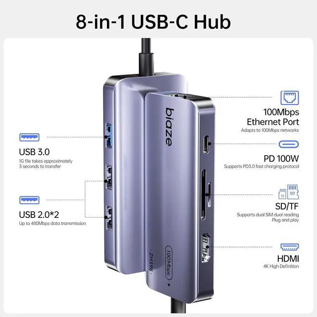 Alt view image 2 of 6 - 8-in-1 USB C Hub Adapter for MacBook, 4K60Hz HDMI, 100W PD Charging, USB 3.0, USB 2.0 * 2, SD/TF Card Reader, 100M Ethernet, 7 Ports Dongle for MacBook Pro/Air, iPad Pro, iPhone