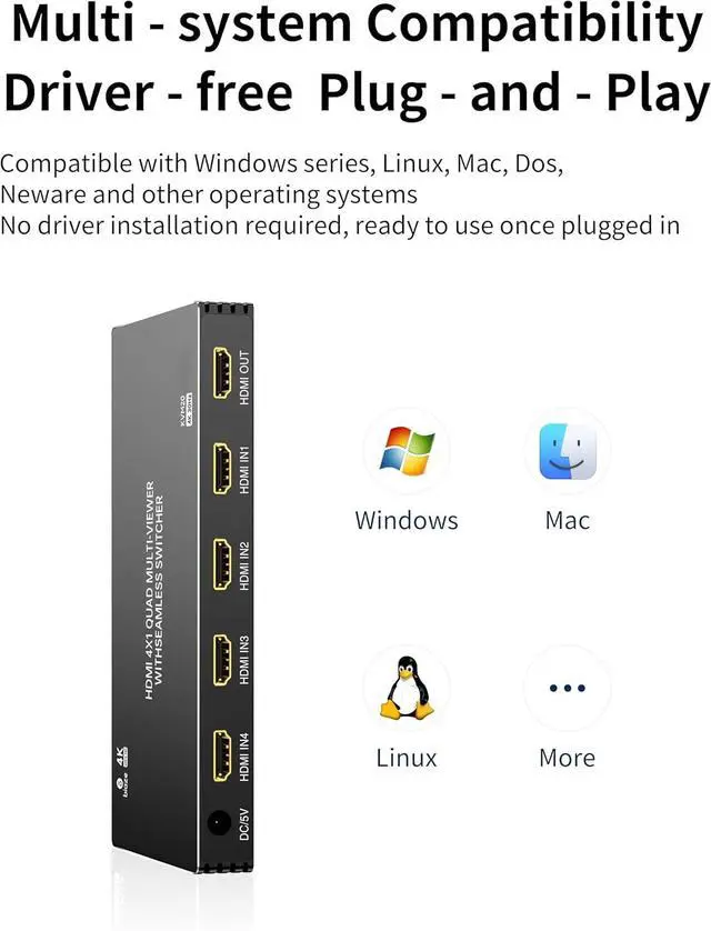 Alt view image 2 of 7 - 4K HDMI Switch 4x1, 4-in-1 Output HDMI Switch with Remote Control and Power Adapter, Ultra HD 1080P/3D/4K@30Hz, 4 Split-Screen Modes for PS5, Fire TV, and Monitors (4 Inputs, 1 Output)