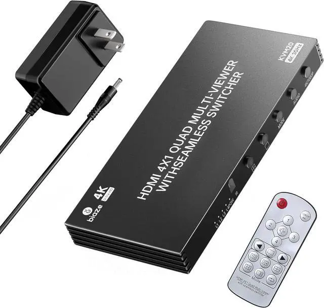 Main image of 4K HDMI Switch 4x1, 4-in-1 Output HDMI Switch with Remote Control and Power Adapter, Ultra HD 1080P/3D/4K@30Hz, 4 Split-Screen Modes for PS5, Fire TV, and Monitors (4 Inputs, 1 Output)