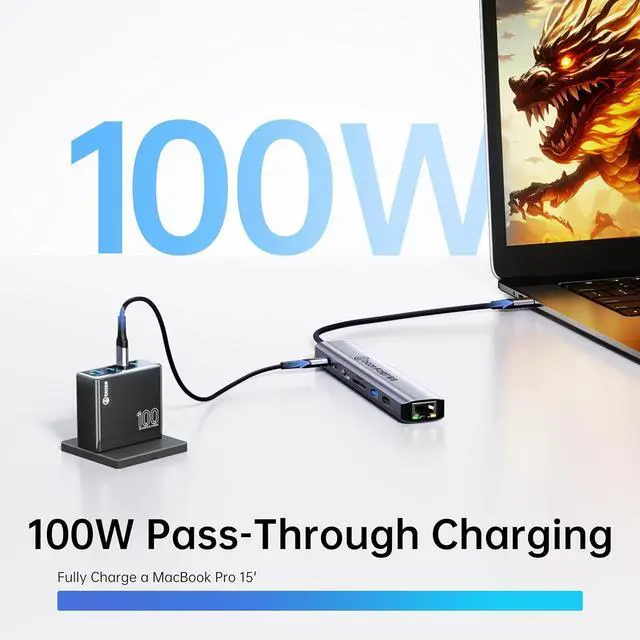 Alt view image 4 of 6 - 8-in-1 USB-C Hub for MacBook Pro with 4K HDMI Adapter, Supporting 100W PD Fast Charging, 100Mbps Ethernet, 2 USB 3.0 Ports, and SD/TF Card Reader. Compatible with MacBook and Type-C laptops.